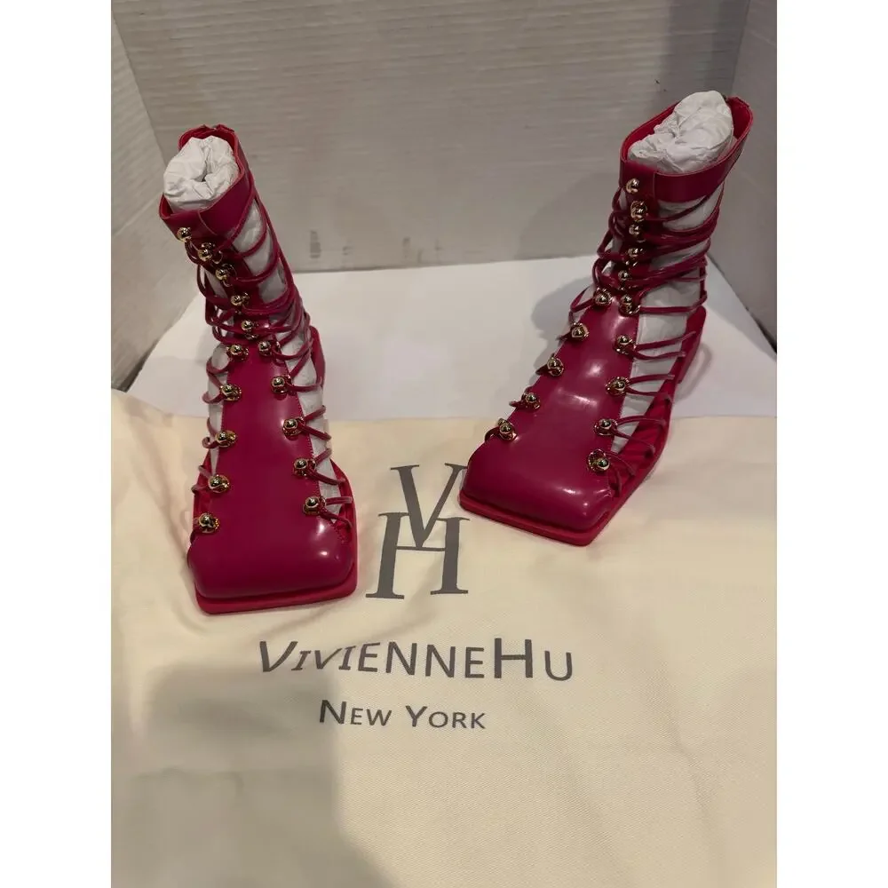 Vivienne Hu New York women's Leather gladiator Studded Cage Sandals 8M fuchsia - Picture 3 of 5